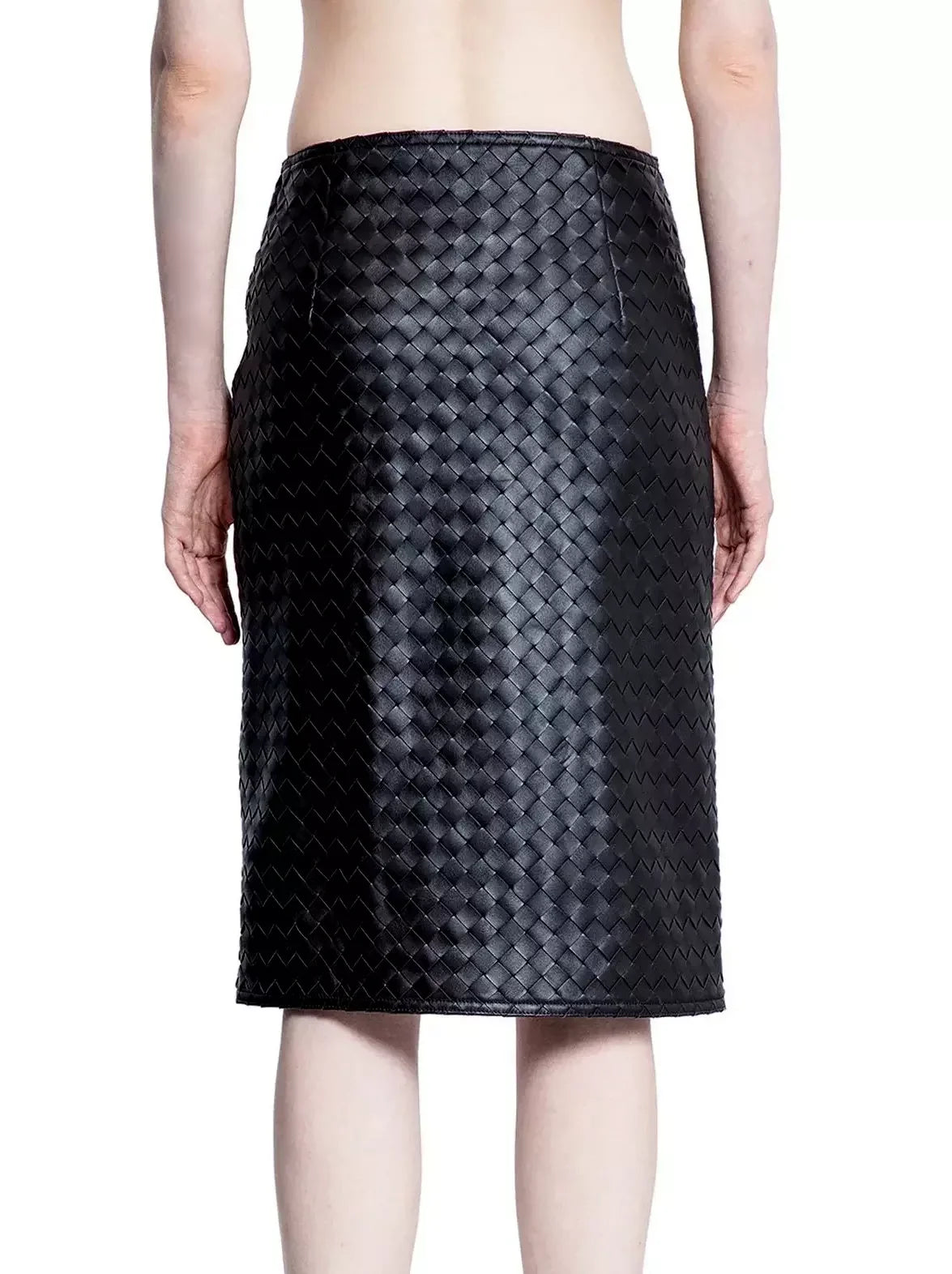 Black Woven Leather Knee-Length Skirt - Skirts