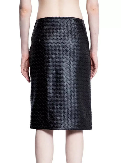 Black Woven Leather Knee-Length Skirt - Skirts