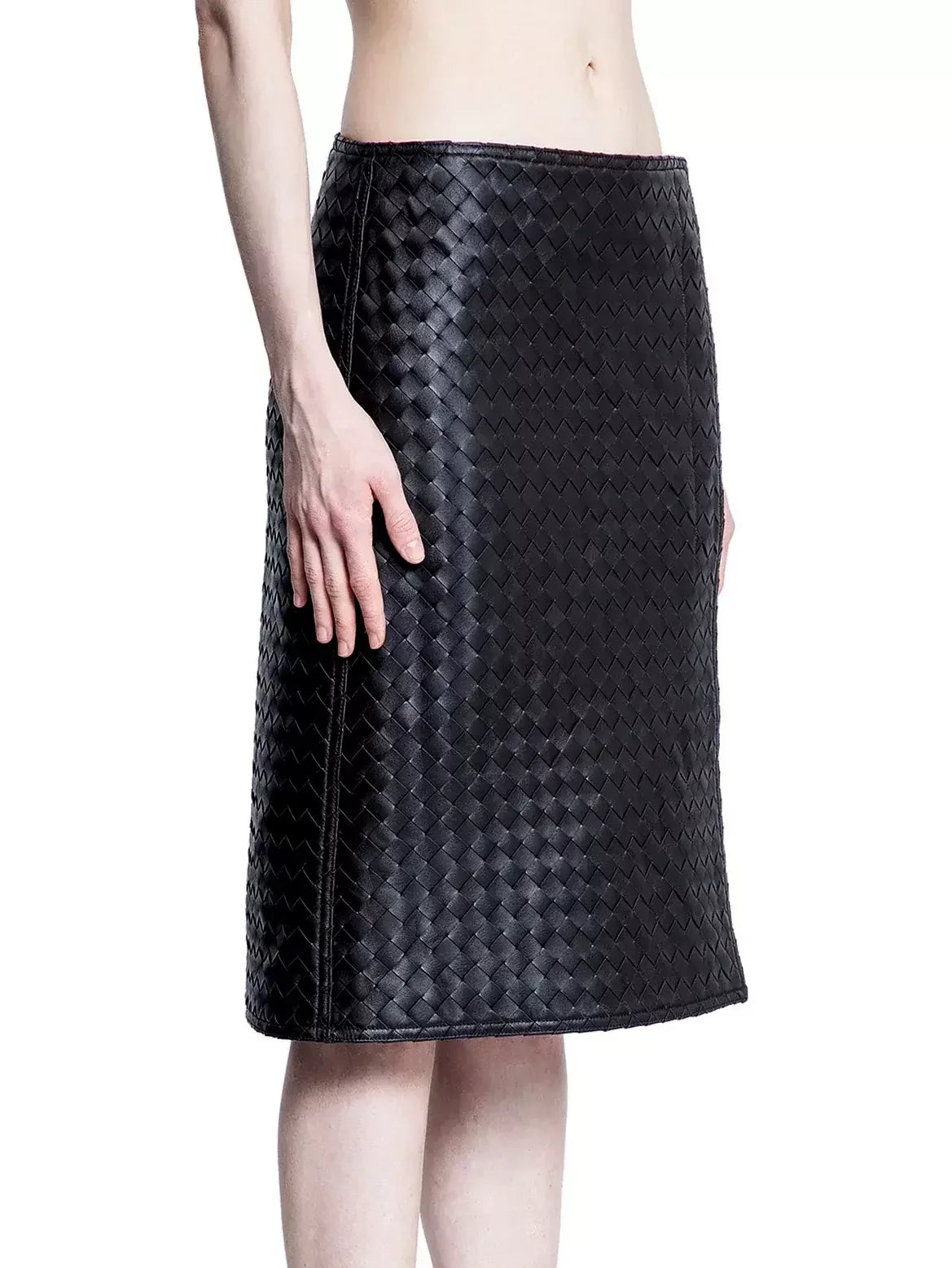 Black Woven Leather Knee-Length Skirt - Skirts