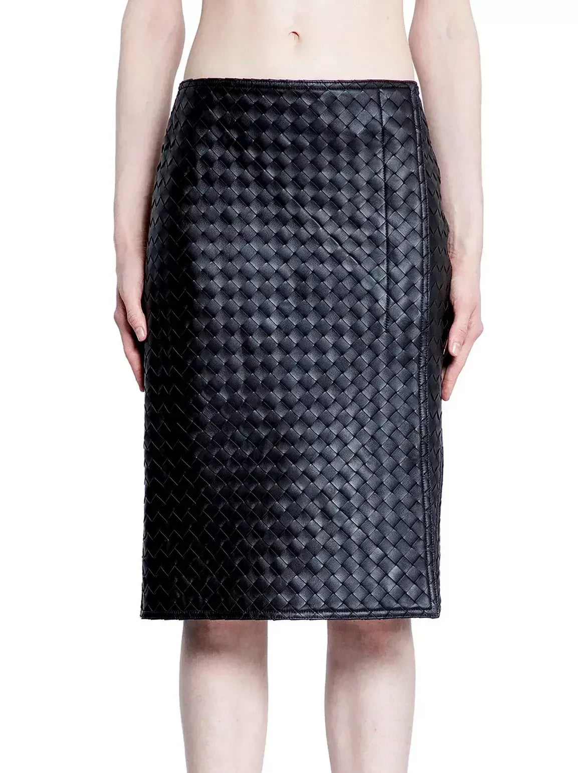 Black Woven Leather Knee-Length Skirt - Skirts