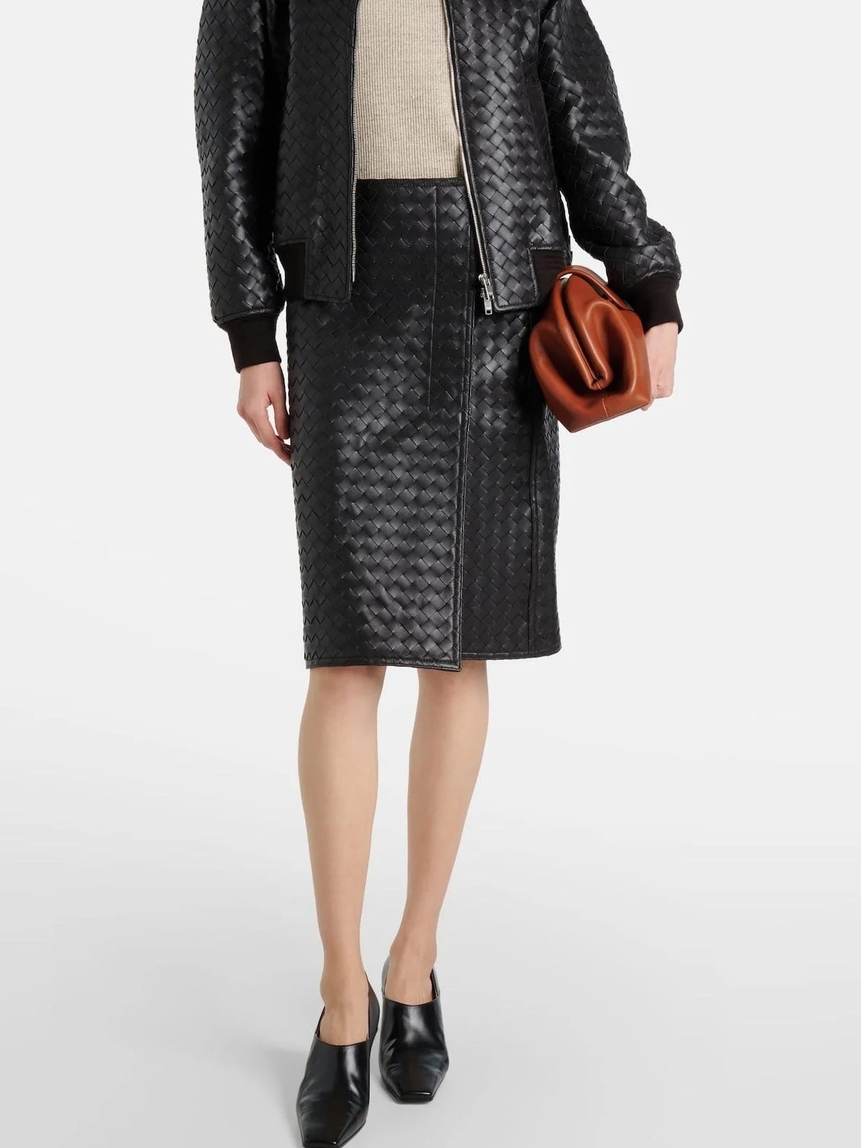 Black Woven Leather Knee-Length Skirt - Skirts
