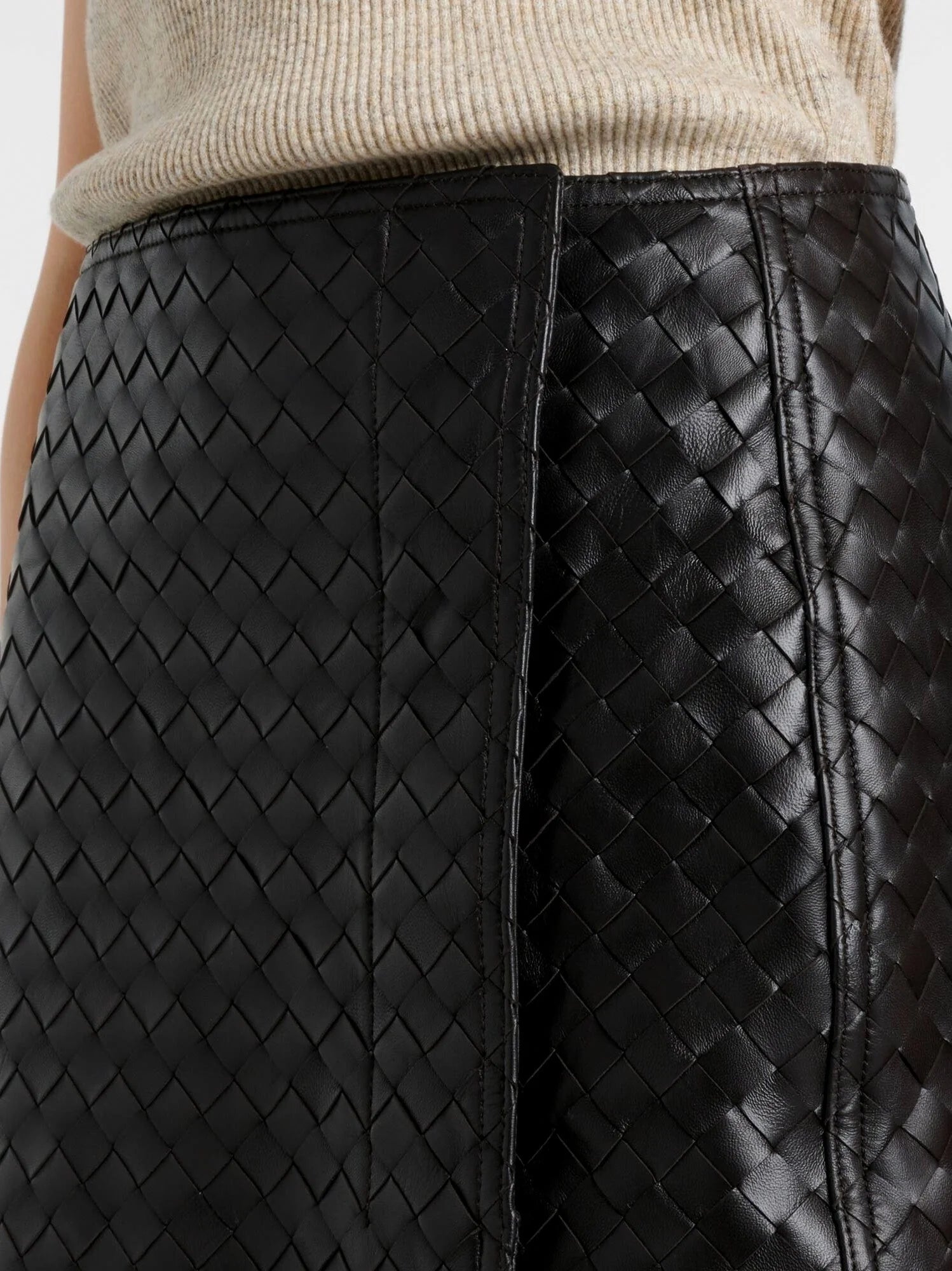 Black Woven Leather Knee-Length Skirt - Skirts