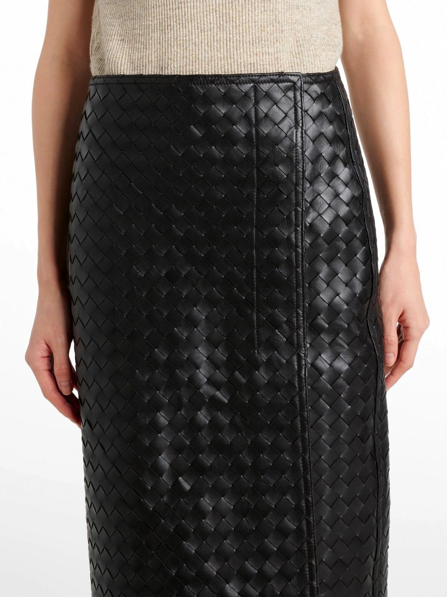 Black Woven Leather Knee-Length Skirt - Skirts