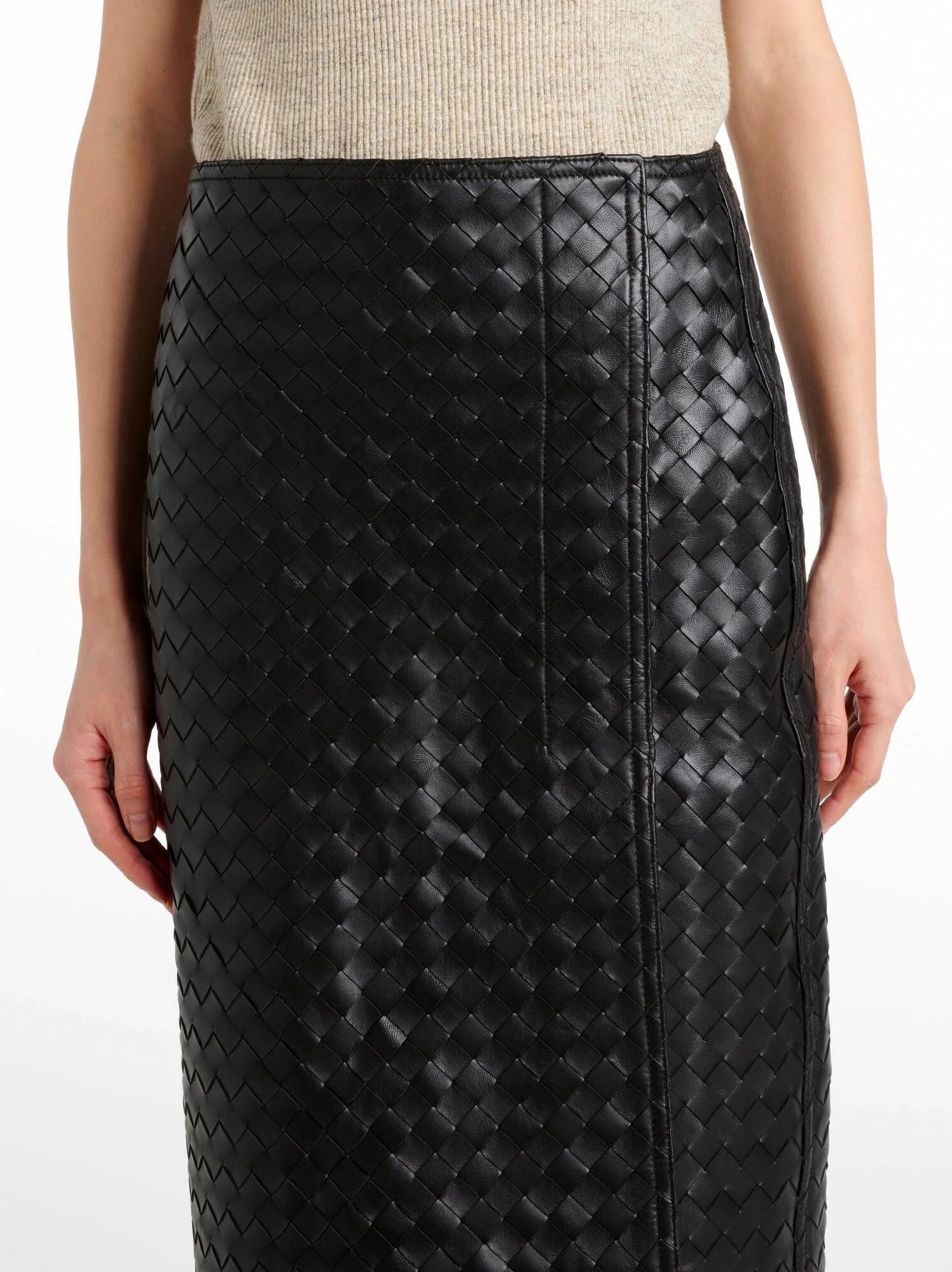Black Woven Leather Knee-Length Skirt - Skirts
