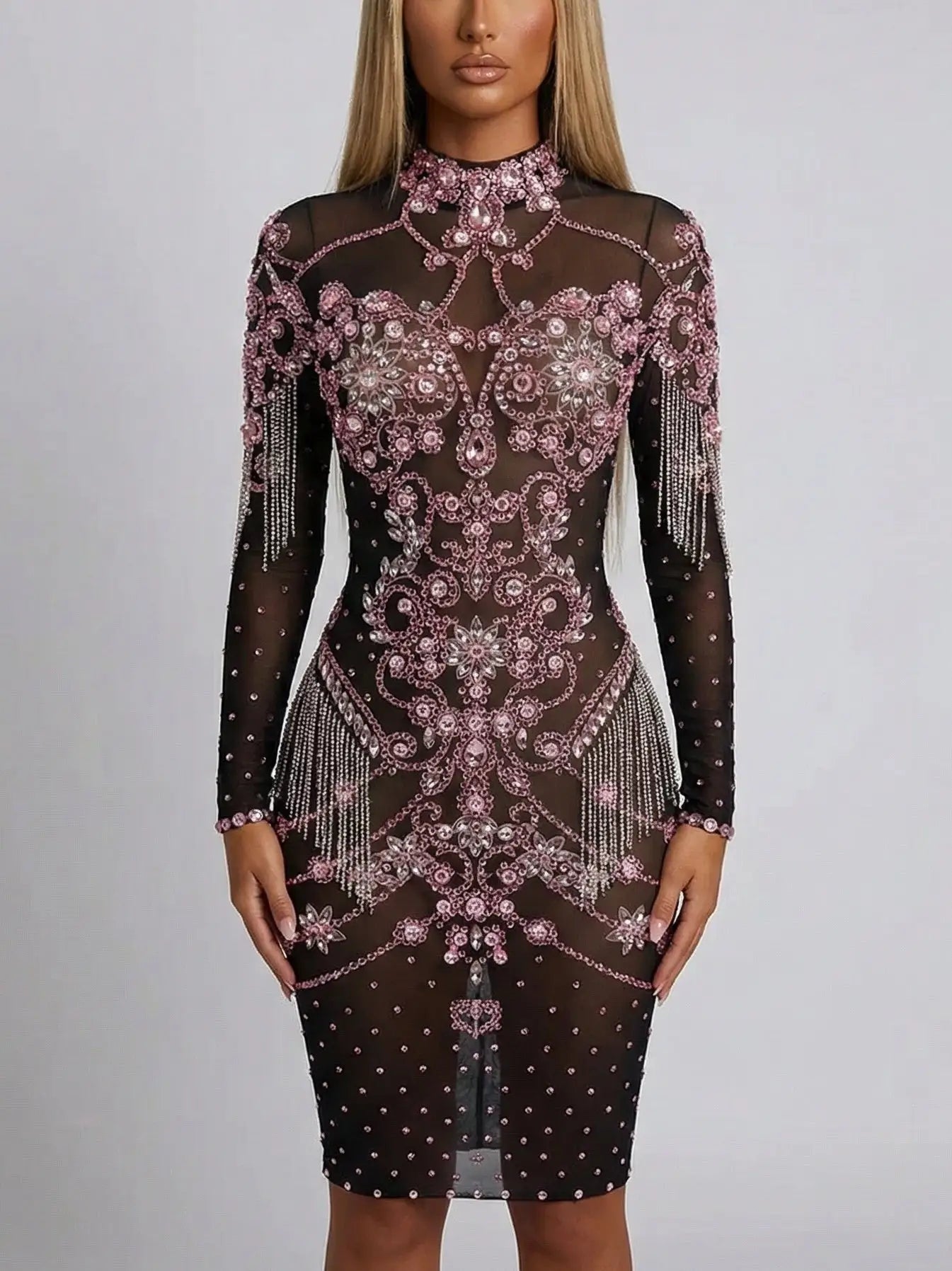 Black & Pink Rhinestone-Embellished Short Dress - S - Dresses