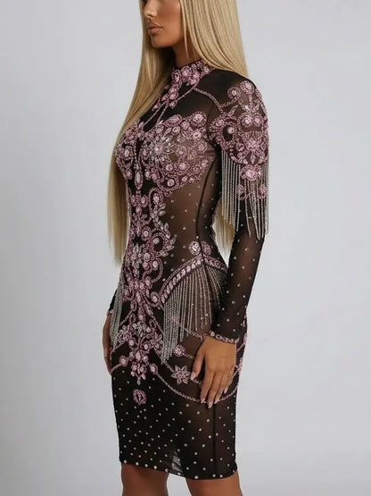 Black & Pink Rhinestone-Embellished Short Dress - Dresses