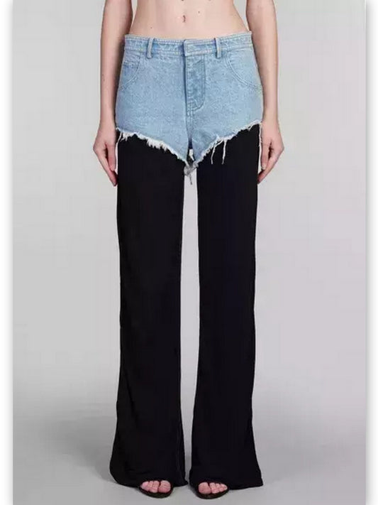 Black and Blue Denim Frayed Detail Mid-Rise Straight-Leg Pants - Branna Couture