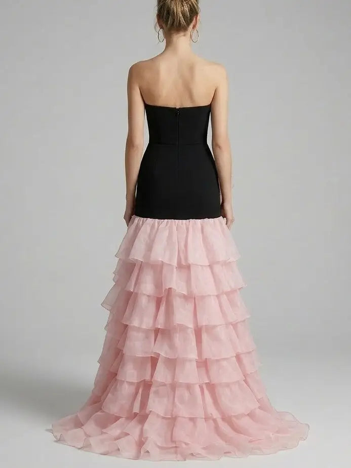 Black and Pink Ruffle Maxi Dress with Floral Appliqué - Dresses