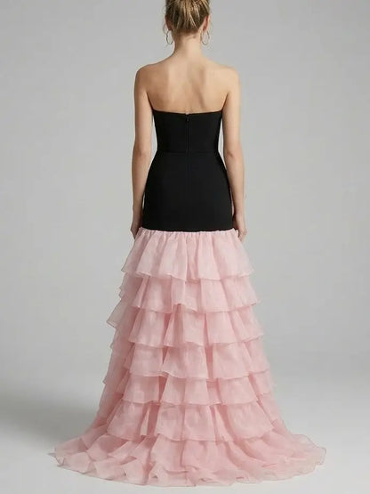 Black and Pink Ruffle Maxi Dress with Floral Appliqué - Dresses