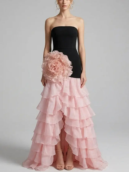Black and Pink Ruffle Maxi Dress with Floral Appliqué - Dresses