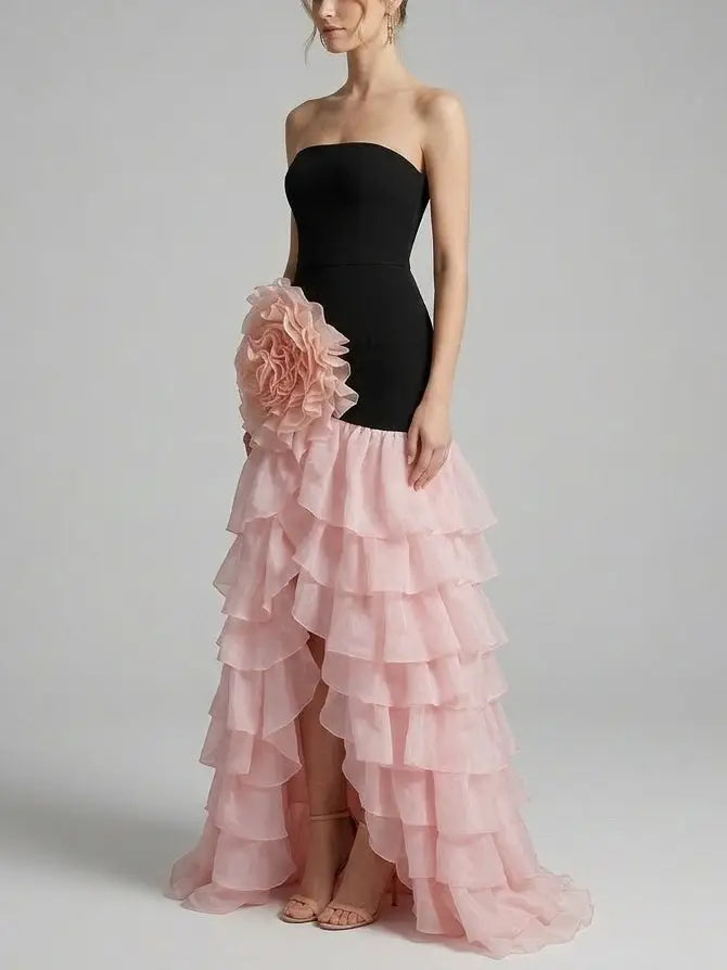 Black and Pink Ruffle Maxi Dress with Floral Appliqué - Dresses