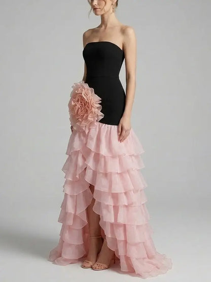 Black and Pink Ruffle Maxi Dress with Floral Appliqué - Dresses