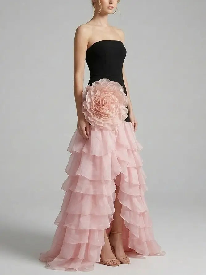 Black and Pink Ruffle Maxi Dress with Floral Appliqué - Dresses
