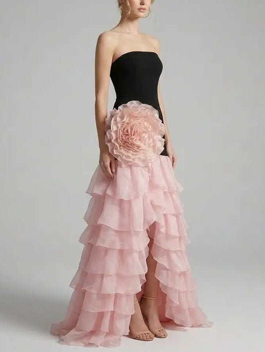 Black and Pink Ruffle Maxi Dress with Floral Appliqué - Dresses