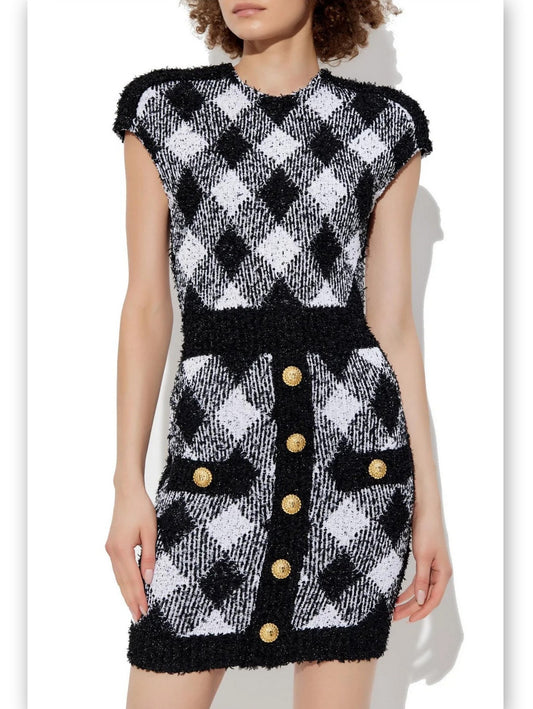 Women’s Black and White Diamond-Pattern Knit Mini Dress Branna Couture