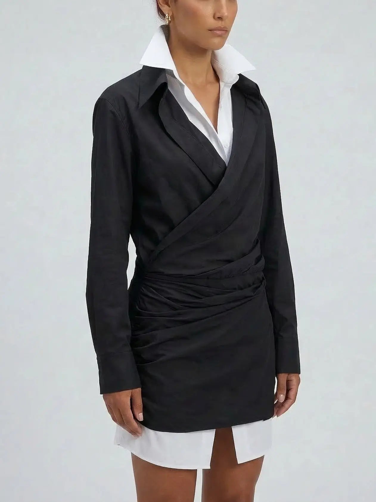 Black and White Draped Layered Shirt Mini Dress - Dresses