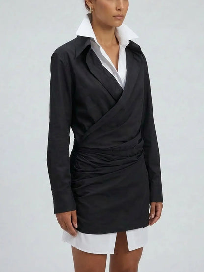 Black and White Draped Layered Shirt Mini Dress - Dresses