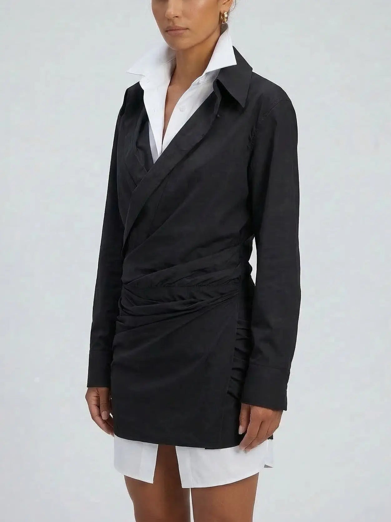 Black and White Draped Layered Shirt Mini Dress - Dresses