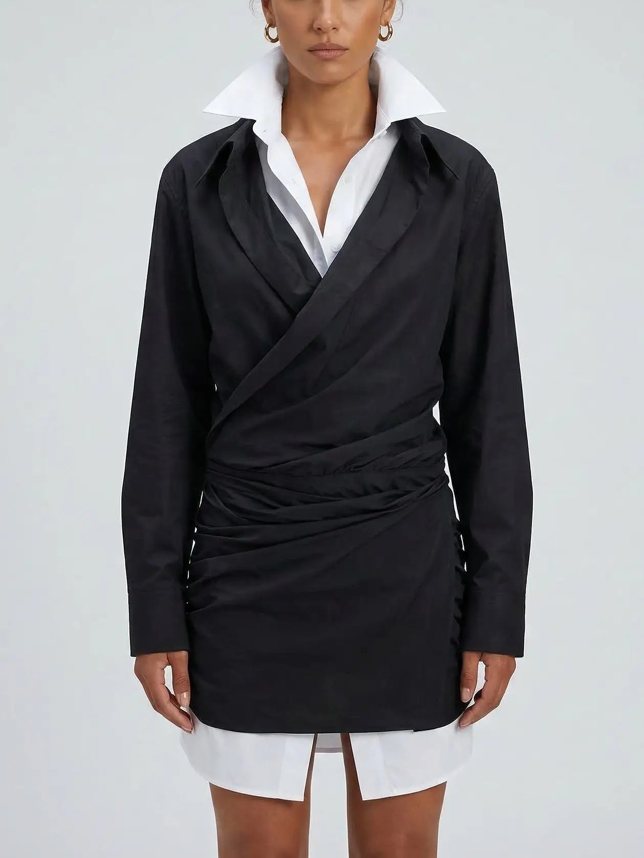 Black and White Draped Layered Shirt Mini Dress - Dresses