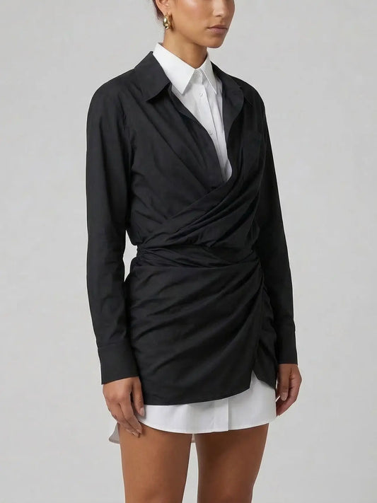 Black and White Draped Layered Shirt Mini Dress - Dresses