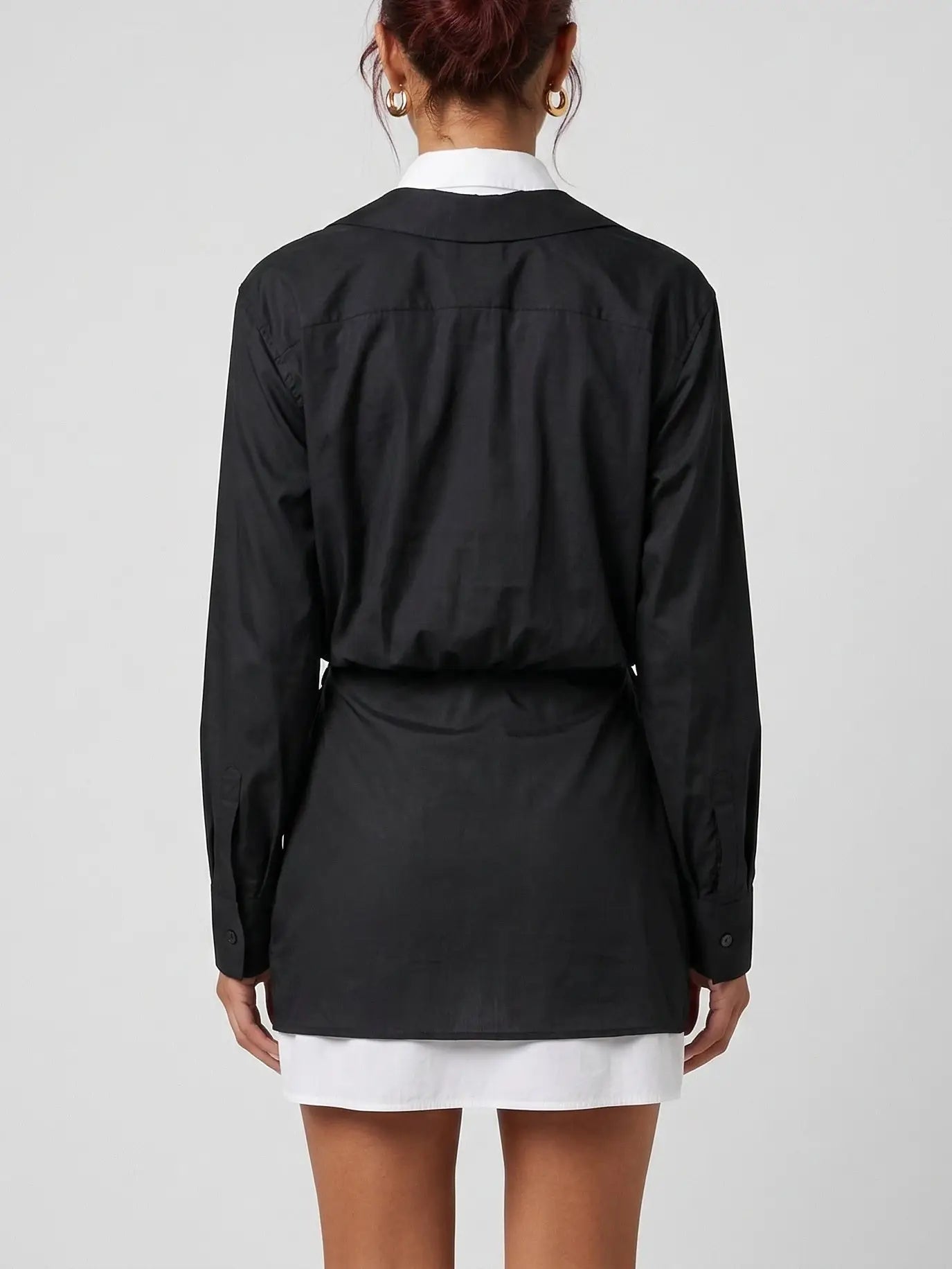 Black and White Draped Layered Shirt Mini Dress - Dresses