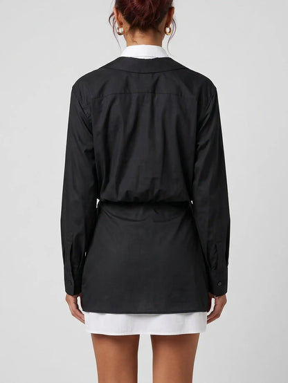 Black and White Draped Layered Shirt Mini Dress - Dresses