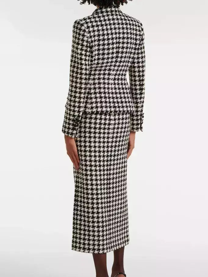 Black and White Houndstooth Tweed Blazer and Skirt Set - Suits & Sets
