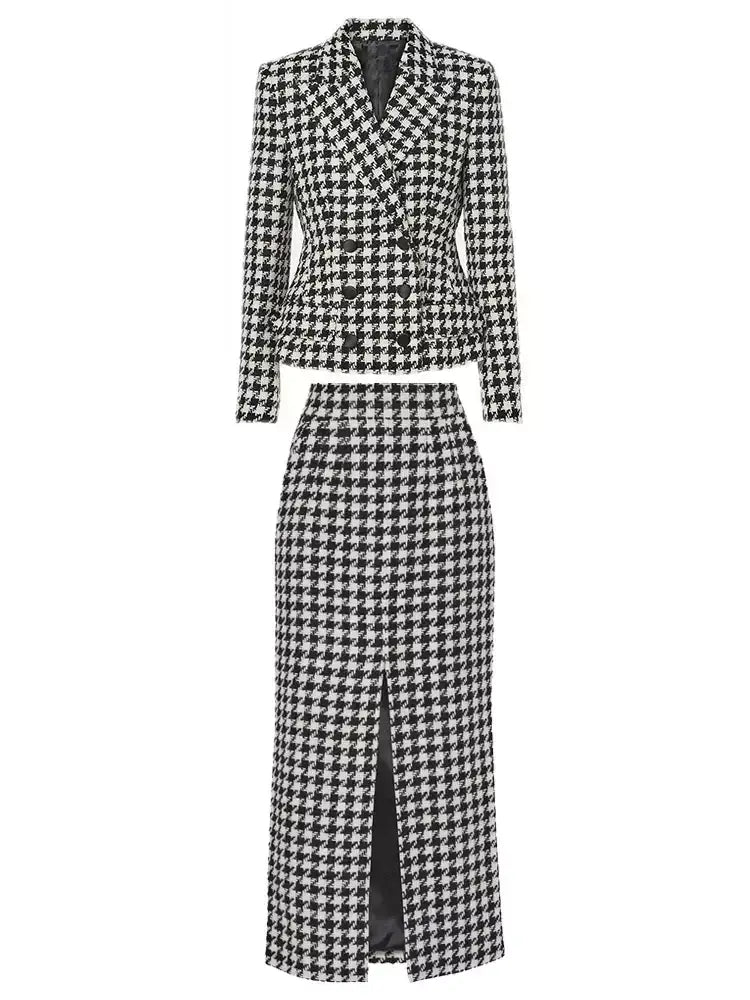 Black and White Houndstooth Tweed Blazer and Skirt Set - Suits & Sets