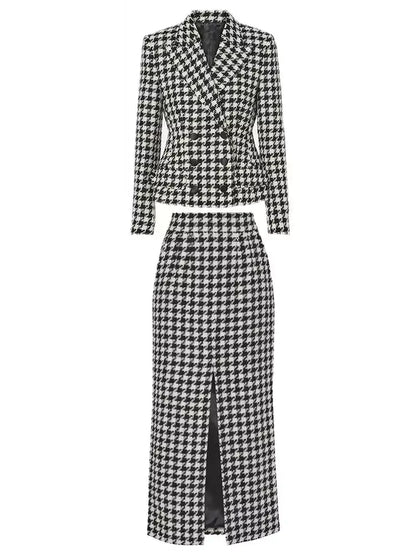 Black and White Houndstooth Tweed Blazer and Skirt Set - Suits & Sets