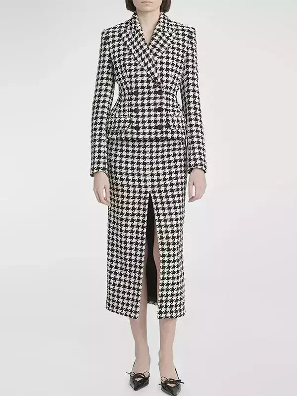 Black and White Houndstooth Tweed Blazer and Skirt Set - Suits & Sets