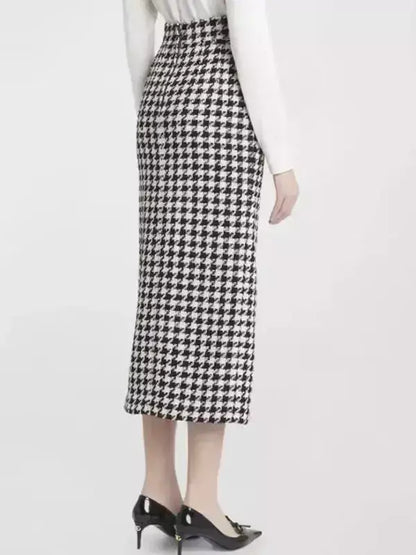 Black and White Houndstooth Tweed Blazer and Skirt Set - Suits & Sets