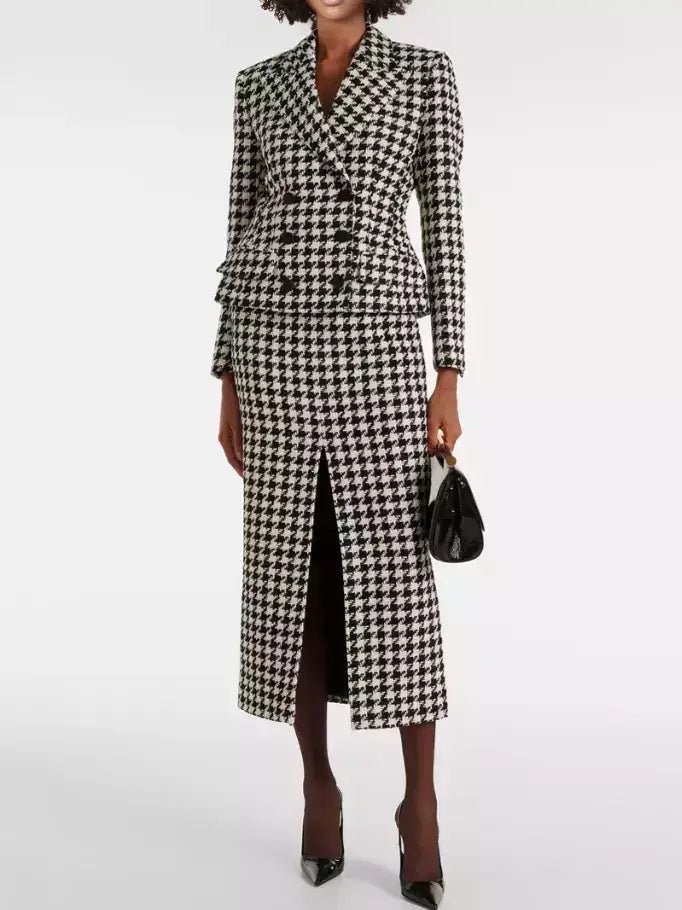 Black and White Houndstooth Tweed Blazer and Skirt Set - Suits & Sets