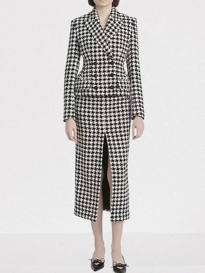 Black and White Houndstooth Tweed Blazer and Skirt Set - Suits & Sets