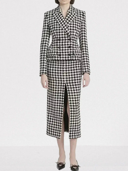 Black and White Houndstooth Tweed Blazer and Skirt Set - Suits & Sets