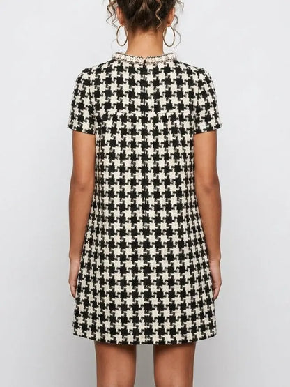 Black and White Houndstooth Tweed Mini Dress - Dresses