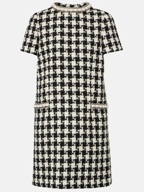 Black and White Houndstooth Tweed Mini Dress - Dresses