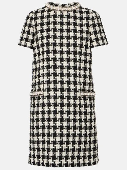 Black and White Houndstooth Tweed Mini Dress - Dresses