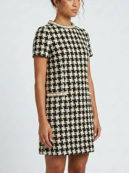 Black and White Houndstooth Tweed Mini Dress - Dresses