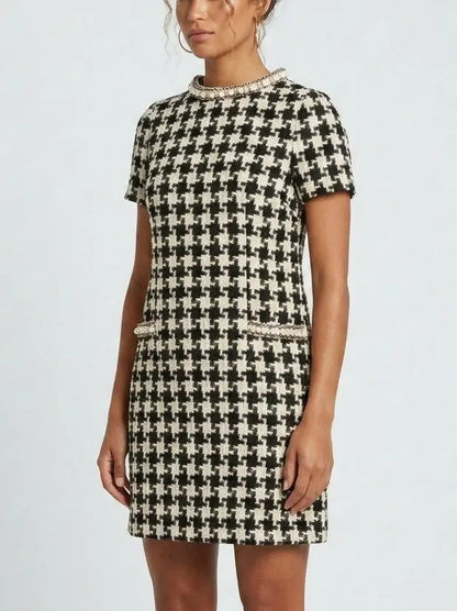 Black and White Houndstooth Tweed Mini Dress - Dresses