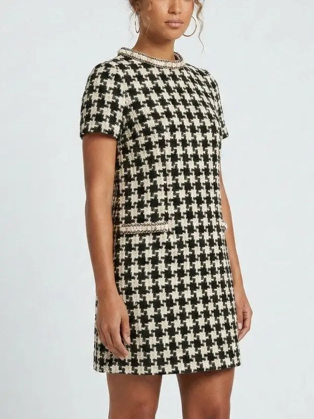 Black and White Houndstooth Tweed Mini Dress - Dresses