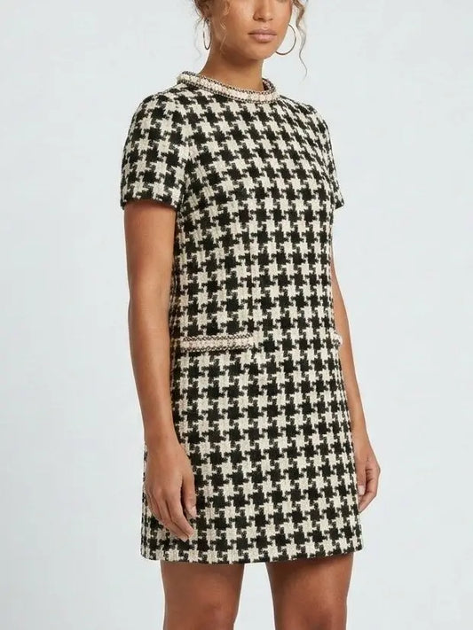 Black and White Houndstooth Tweed Mini Dress - Dresses
