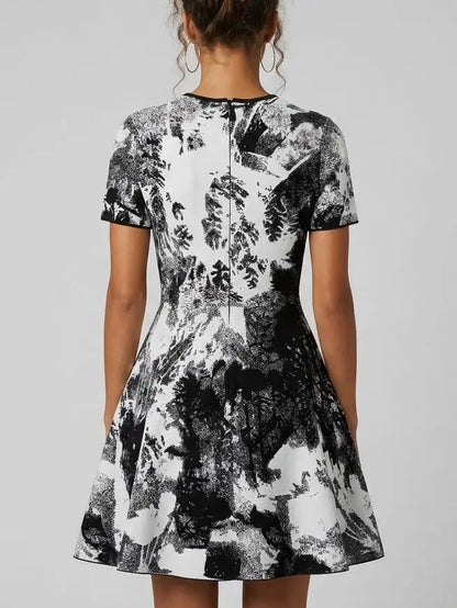 Black and White Knit A-Line Mini Dress - Dresses