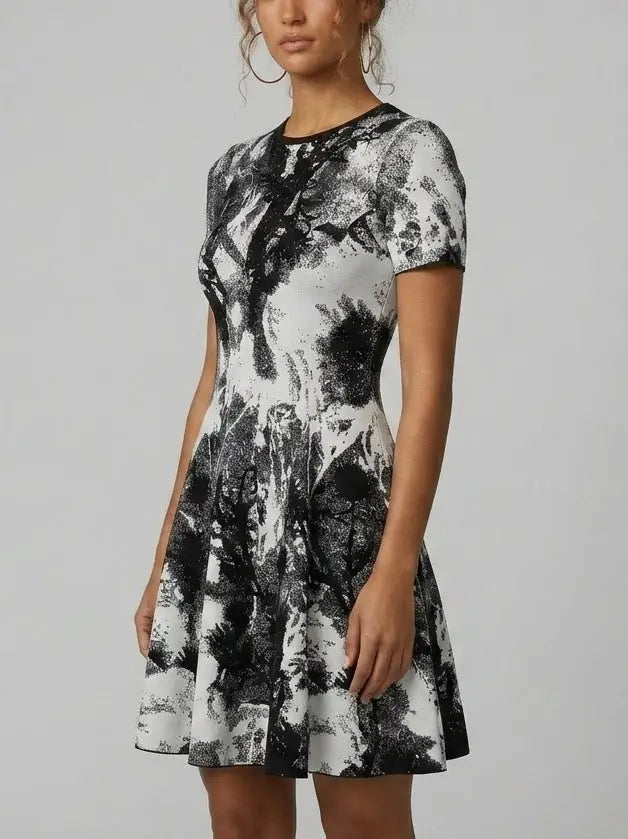 Black and White Knit A-Line Mini Dress - Dresses