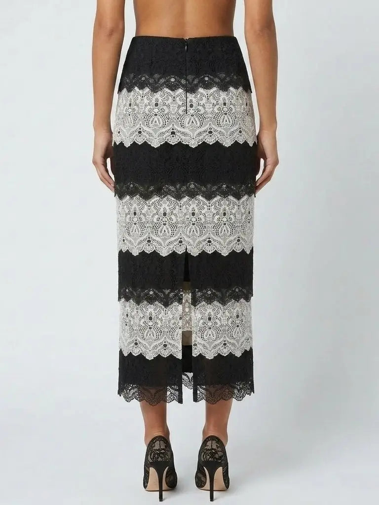 Black and White Lace Tiered Pencil Skirt - Skirts