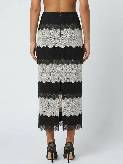 Black and White Lace Tiered Pencil Skirt - Skirts