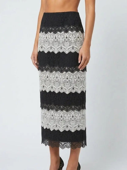 Black and White Lace Tiered Pencil Skirt - Skirts