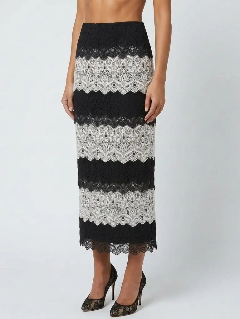 Black and White Lace Tiered Pencil Skirt - Skirts