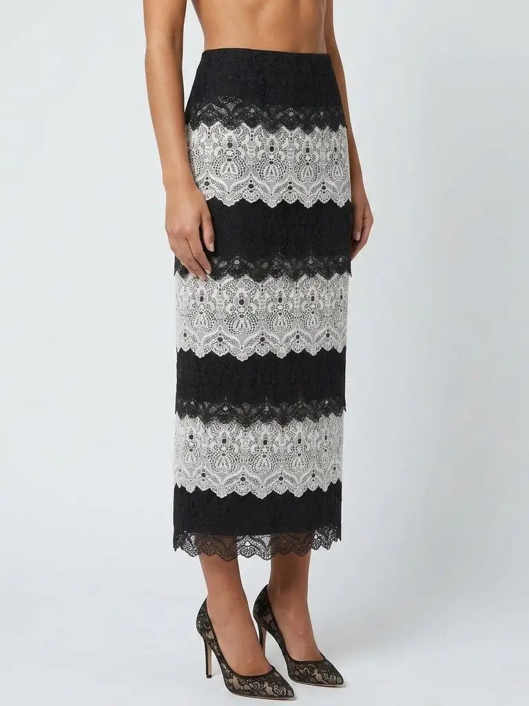 Black and White Lace Tiered Pencil Skirt - Skirts