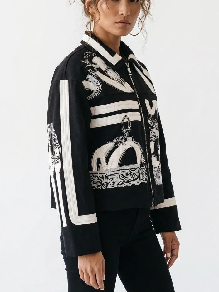 Black and White Ornamental Embroidered Cashmere Jacket - Jackets