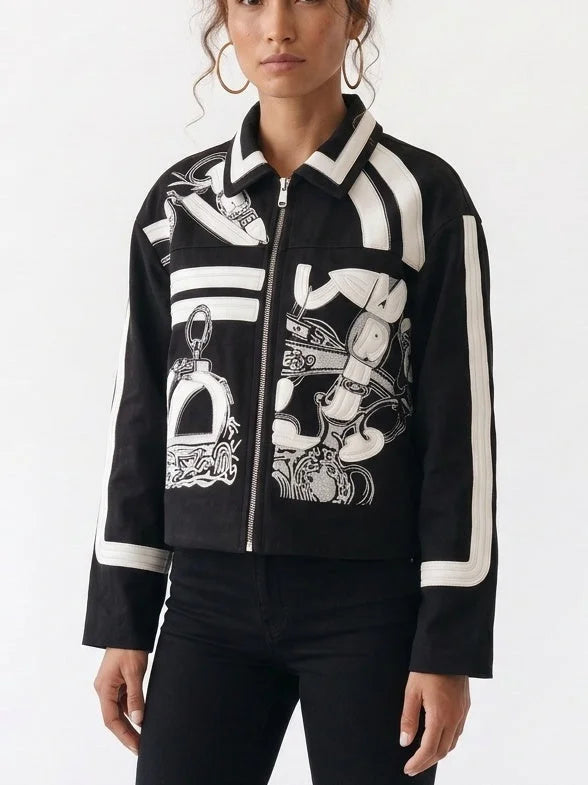 Black and White Ornamental Embroidered Cashmere Jacket - Jackets